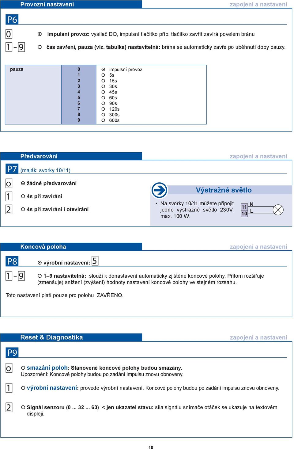 pauza 0 2 3 4 5 6 7 8 9 impulsní provoz 5s 5s 30s 45s 60s 90s 20s 300s 600s P7 (maják: svorky 0/) o 2 Předvarování žádné předvarování 4s při zavírání 4s při zavírání i otevírání Výstražné světlo Na