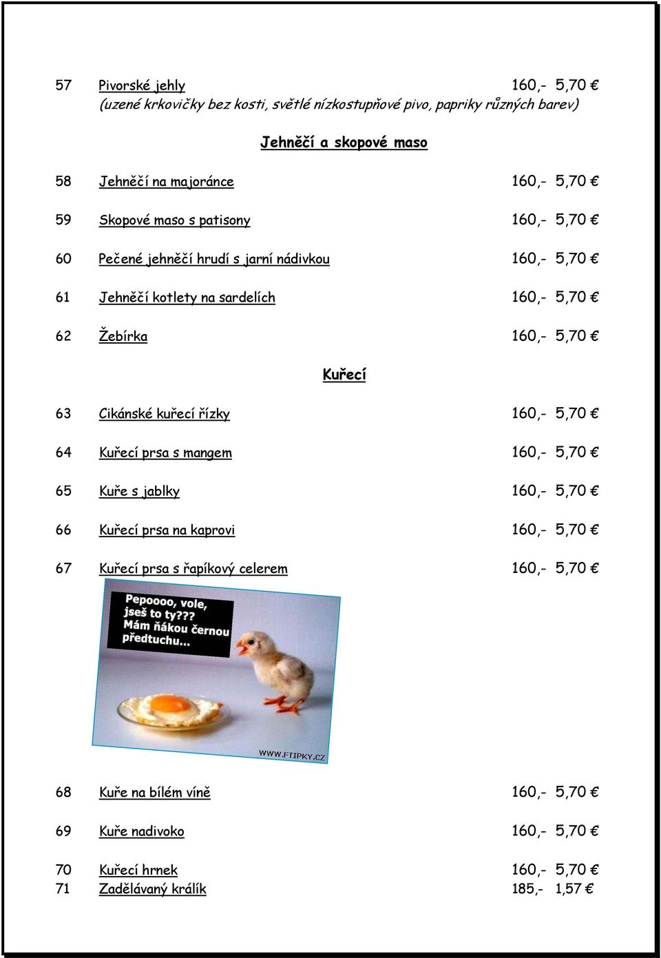 160,- 5,70 Kuřecí 63 Cikánské kuřecí řízky 160,- 5,70 64 Kuřecí prsa s mangem 160,- 5,70 65 Kuře s jablky 160,- 5,70 66 Kuřecí prsa na kaprovi 160,- 5,70 67