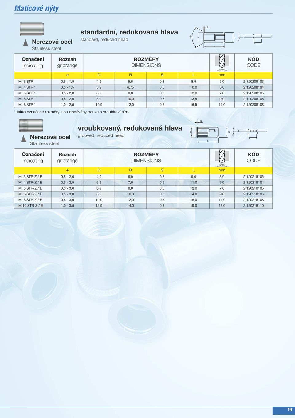 Nrzová ocl tainlss stl vroubkovaný, rukovaná hlava groov, ruc ha griprang IMENION mm M 3 TR-Z / E 0,5-2,0 4,9 6,0 0,5 9,0 5,0 2 120218103 M 4 TR-Z / E 0,5-2,5 5,9 7,0 0,5 6,0 2 120218104 M 5 TR-Z / E