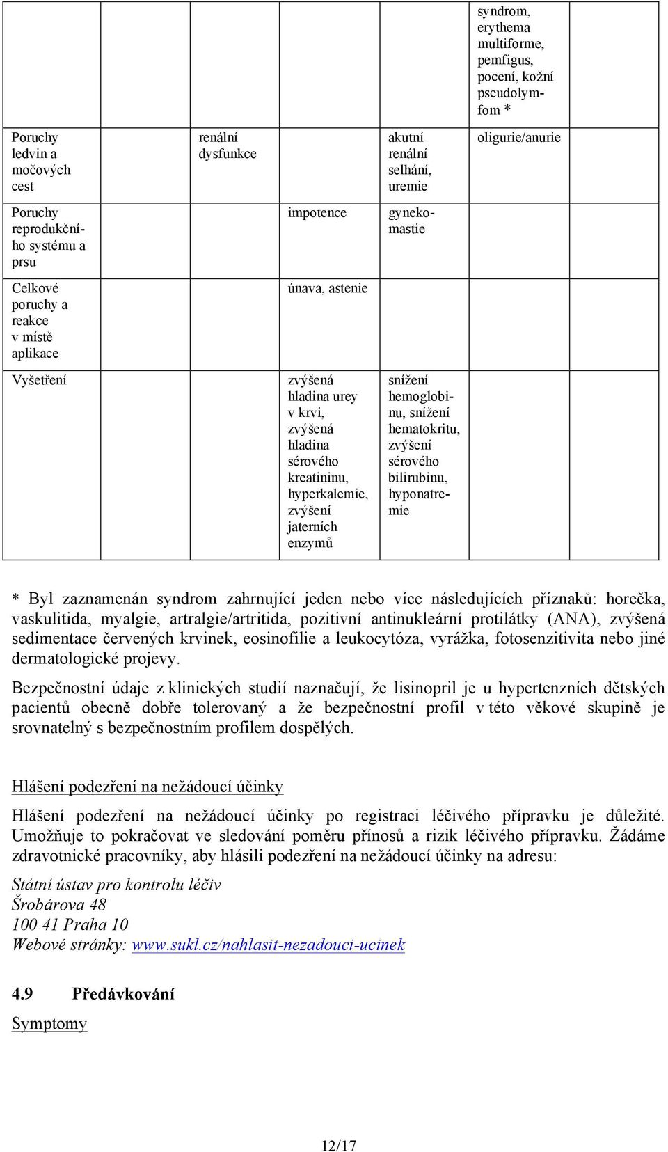 snížení hemoglobinu, snížení hematokritu, zvýšení sérového bilirubinu, hyponatremie * Byl zaznamenán syndrom zahrnující jeden nebo více následujících příznaků: horečka, vaskulitida, myalgie,