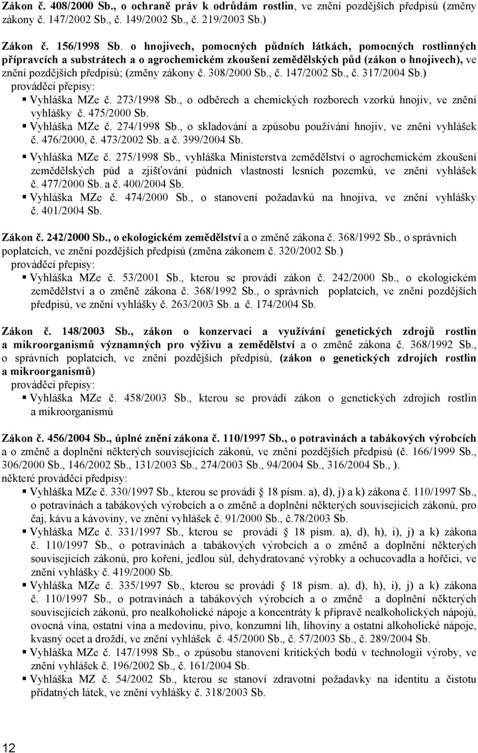 308/2000 Sb., č. 147/2002 Sb., č. 317/2004 Sb.) prováděcí přepisy: Vyhláška MZe č. 273/1998 Sb., o odběrech a chemických rozborech vzorků hnojiv, ve znění vyhlášky č. 475/2000 Sb. Vyhláška MZe č. 274/1998 Sb.