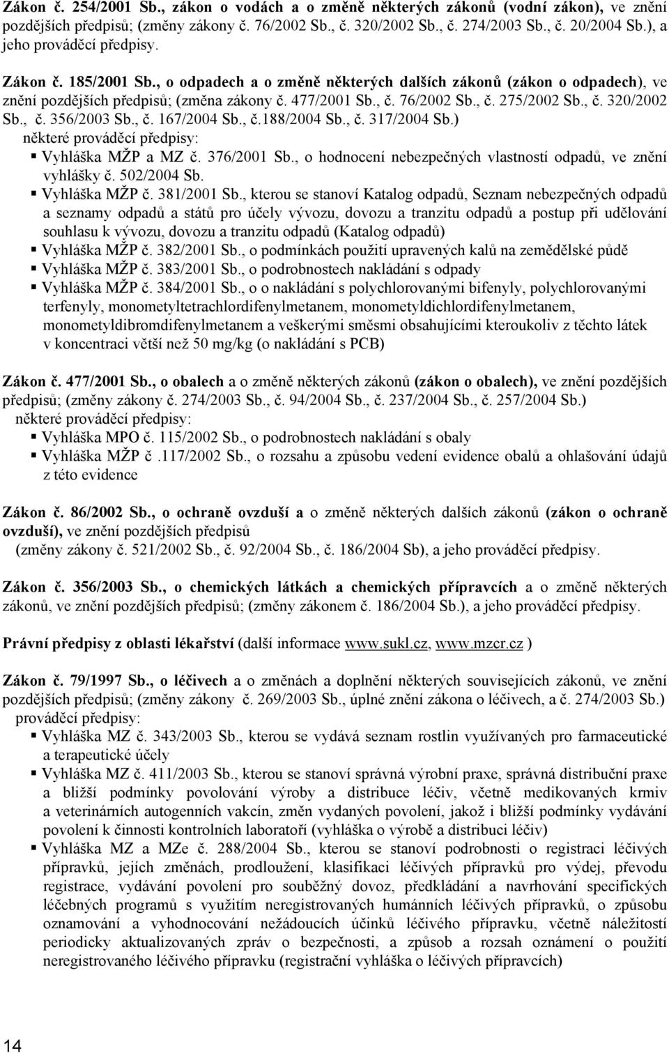 , č. 320/2002 Sb., č. 356/2003 Sb., č. 167/2004 Sb., č.188/2004 Sb., č. 317/2004 Sb.) některé prováděcí předpisy: Vyhláška MŽP a MZ č. 376/2001 Sb.