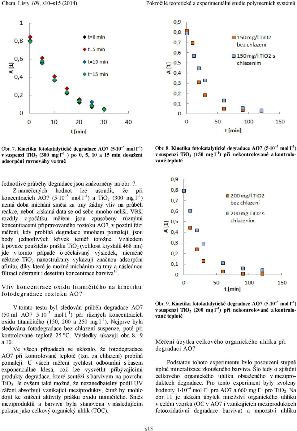 Z naměřených hodnot lze usoudit, že při koncentracích AO7 (5 10 5 mol l 1 ) a TiO 2 (300 mg l 1 ) nemá doba míchání směsi za tmy žádný vliv na průběh reakce, neboť získaná data se od sebe mnoho