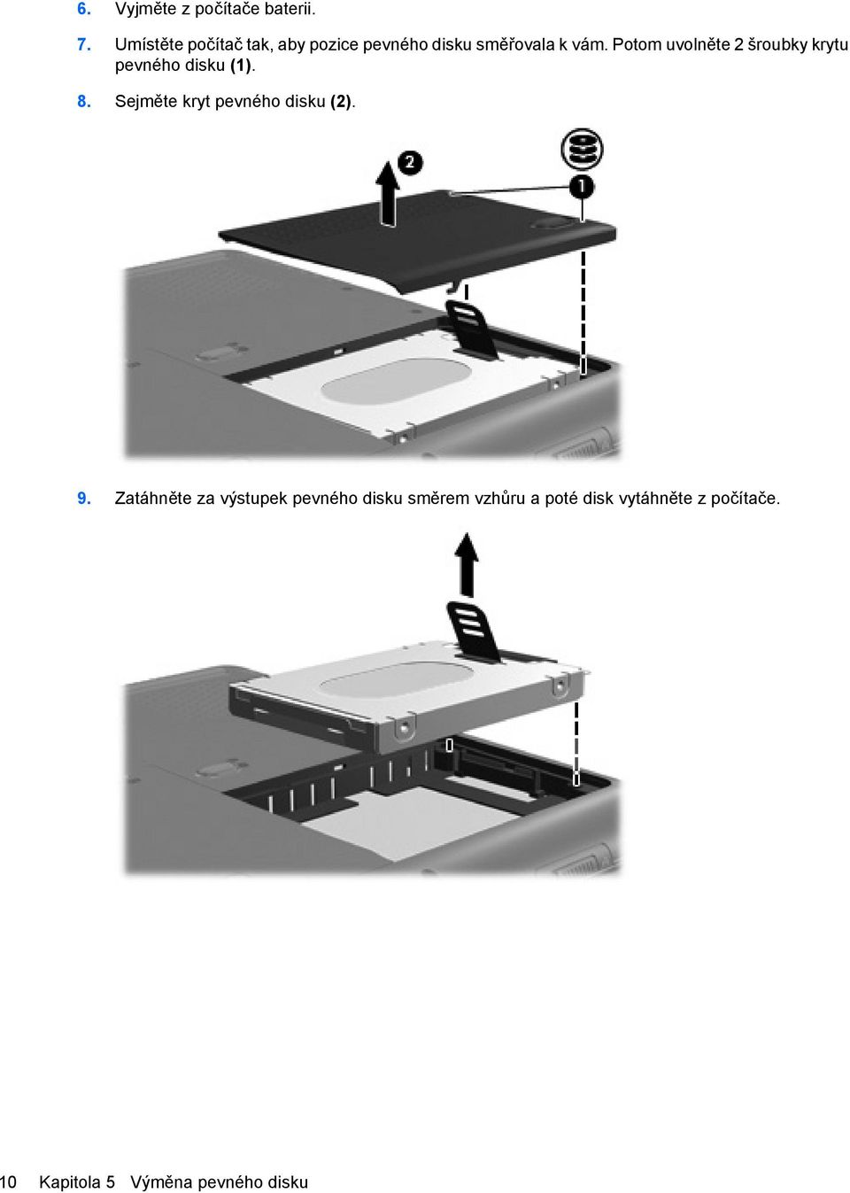 Potom uvolněte 2 šroubky krytu pevného disku (1). 8.