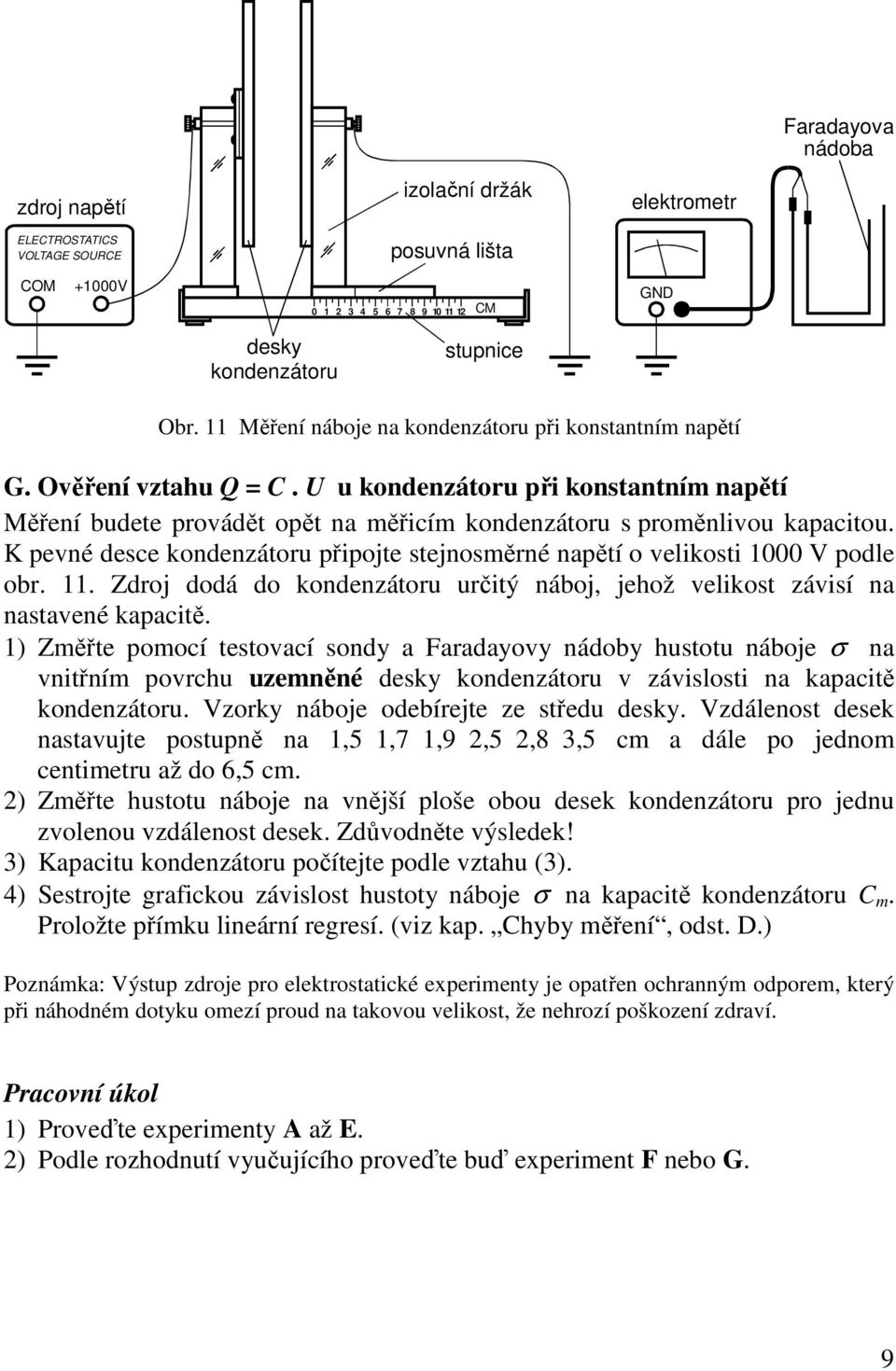 K pevné desce kondenzátoru připojte stejnosměrné napětí o velikosti 1000 V podle obr. 11. Zdroj dodá do kondenzátoru určitý náboj, jehož velikost závisí na nastavené kapacitě.