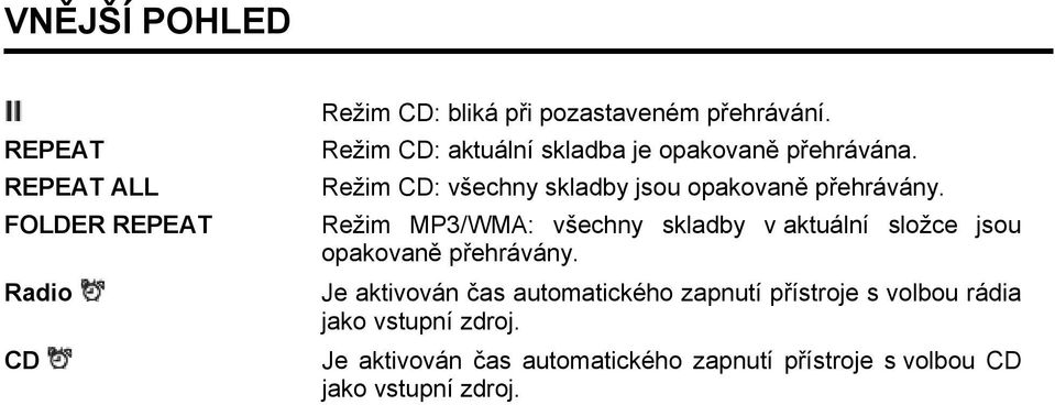 Režim MP3/WMA: všechny skladby v aktuální složce jsou opakovaně přehrávány.