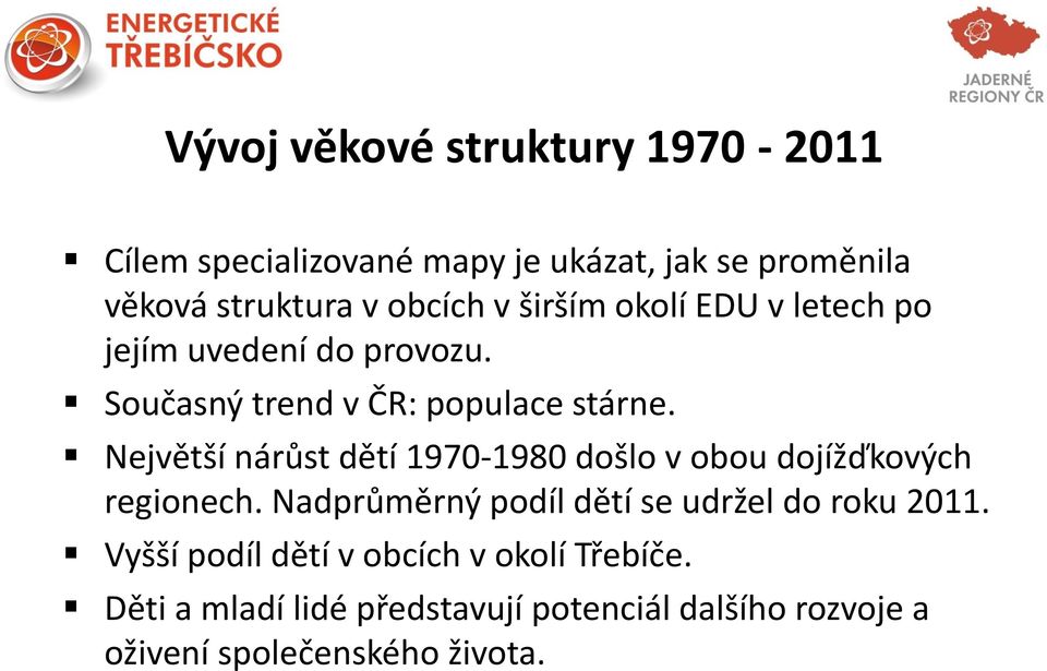 Největší nárůst dětí 1970-1980 došlo v obou dojížďkových regionech. Nadprůměrný podíl dětí se udržel do roku 2011.