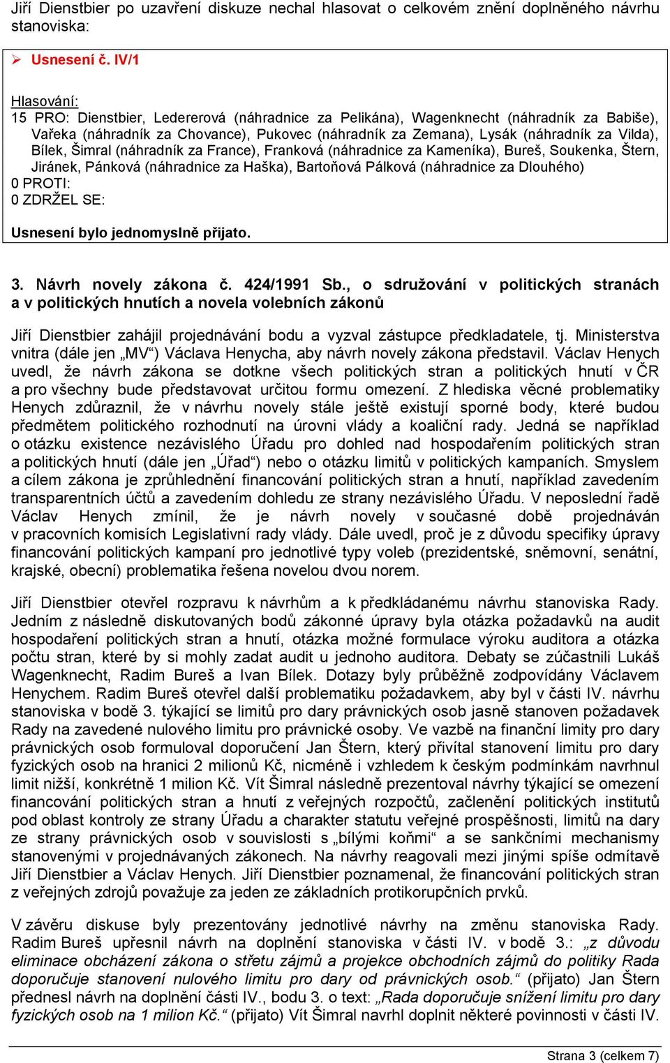 Šimral (náhradník za France), Franková (náhradnice za Kameníka), Bureš, Soukenka, Štern, Jiránek, Pánková (náhradnice za Haška), Bartoňová Pálková (náhradnice za Dlouhého) 0 PROTI: 0 ZDRŽEL SE: