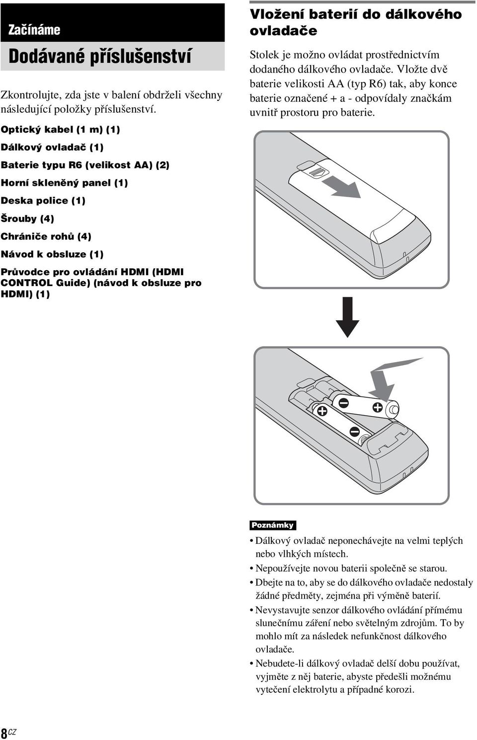 (HDMI CONTROL Guide) (návod k obsluze pro HDMI) (1) Vložení baterií do dálkového ovladače Stolek je možno ovládat prostřednictvím dodaného dálkového ovladače.
