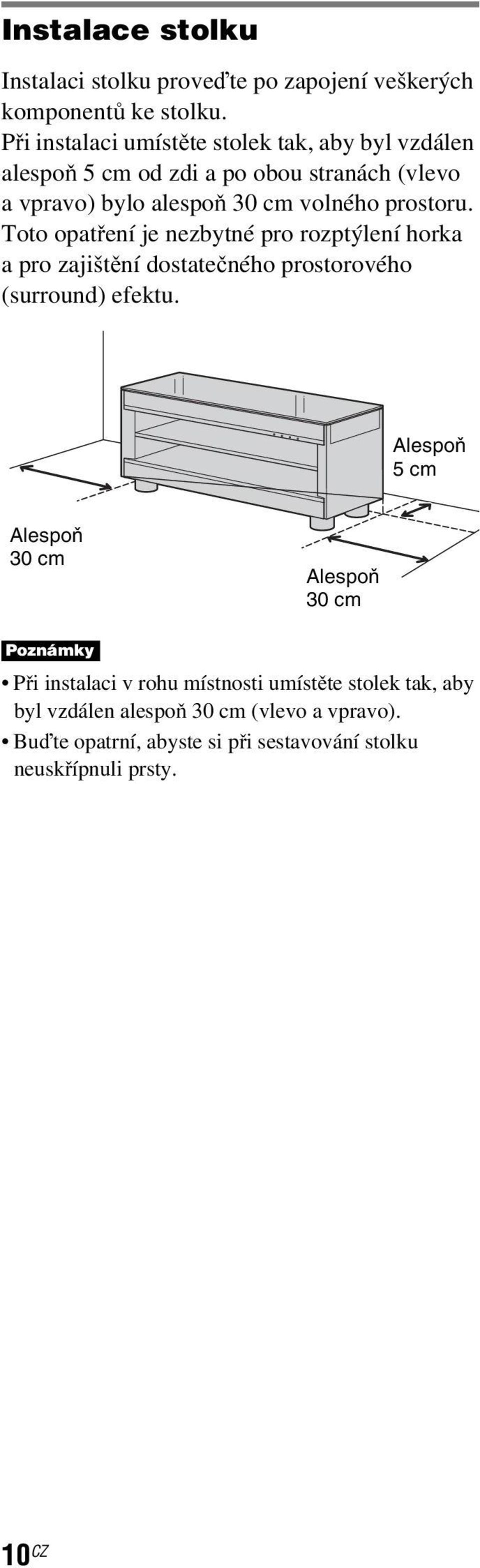 prostoru. Toto opatření je nezbytné pro rozptýlení horka a pro zajištění dostatečného prostorového (surround) efektu.