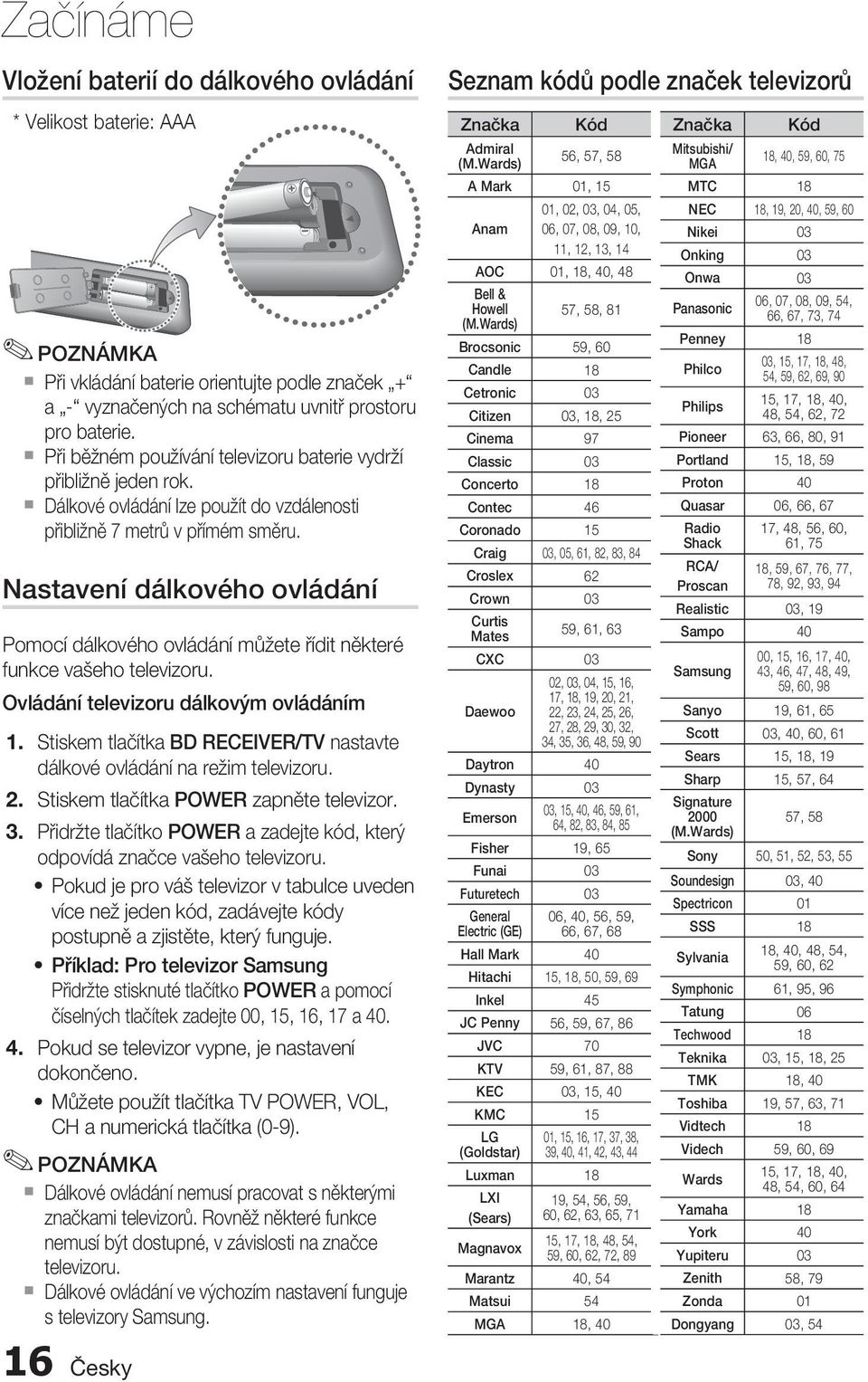 Nastavení dálkového ovládání Pomocí dálkového ovládání můžete řídit některé funkce vašeho televizoru. Ovládání televizoru dálkovým ovládáním 1.