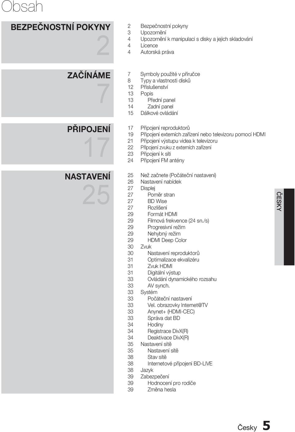 21 Připojení výstupu videa k televizoru 22 Připojení zvuku z externích zařízení 23 Připojení k síti 24 Připojení FM antény 25 Než začnete (Počáteční nastavení) 26 Nastavení nabídek 27 Displej 27