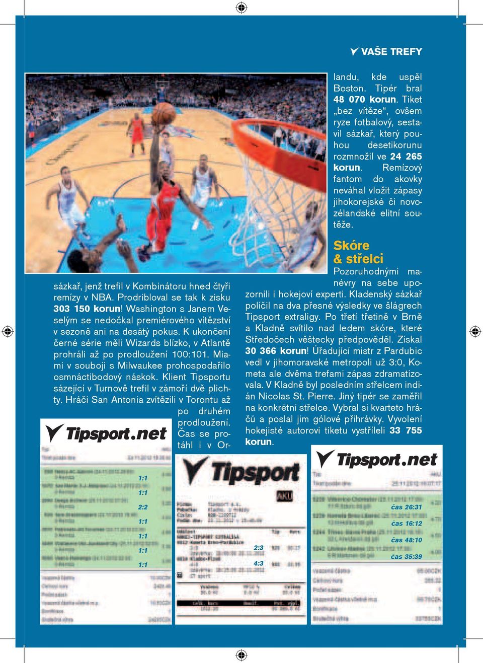 Miami v souboji s Milwaukee prohospodaøilo osmnáctibodový náskok. Klient Tipsportu sázející v Turnovì trefil v zámoøí dvì plichty. Hráèi San Antonia zvítìzili v Torontu až po druhém prodloužení.