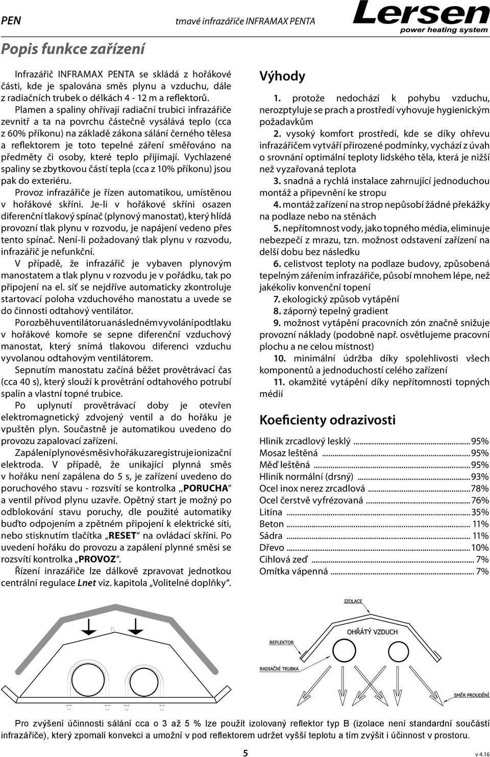 Plamen a spaliny ohřívají radiační trubici infrazářiče zevnitř a ta na povrchu částečně vysálává teplo (cca z 60% příkonu) na základě zákona sálání černého tělesa a reflektorem je toto tepelné záření