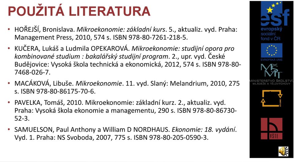 ISBN 978-80- 7468-026-7. MACÁKOVÁ, Libuše. Mikroekonomie. 11. vyd. Slaný: Melandrium, 2010, 275 s. ISBN 978-80-86175-70-6. PAVELKA, Tomáš, 2010. Mikroekonomie: základní kurz. 2., aktualiz.