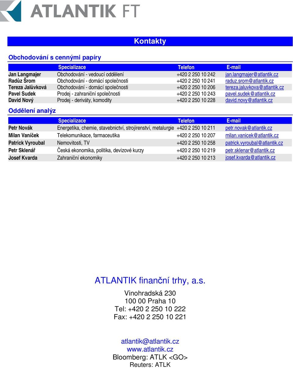cz Pavel Sudek Prodej - zahraniní spolenosti +420 2 250 10 243 pavel.sudek@atlantik.cz David Nový Prodej - deriváty, komodity +420 2 250 10 228 david.novy@atlantik.