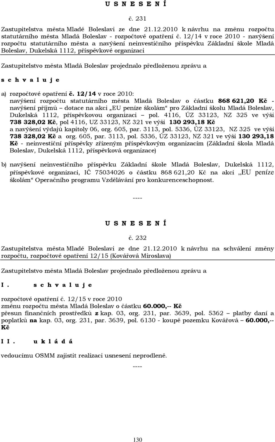 12/14 v roce 2010: navýšení rozpočtu statutárního města Mladá Boleslav o částku 868 621,20 Kč - navýšení příjmů dotace na akci EU peníze školám pro Základní školu Mladá Boleslav, Dukelská 1112,