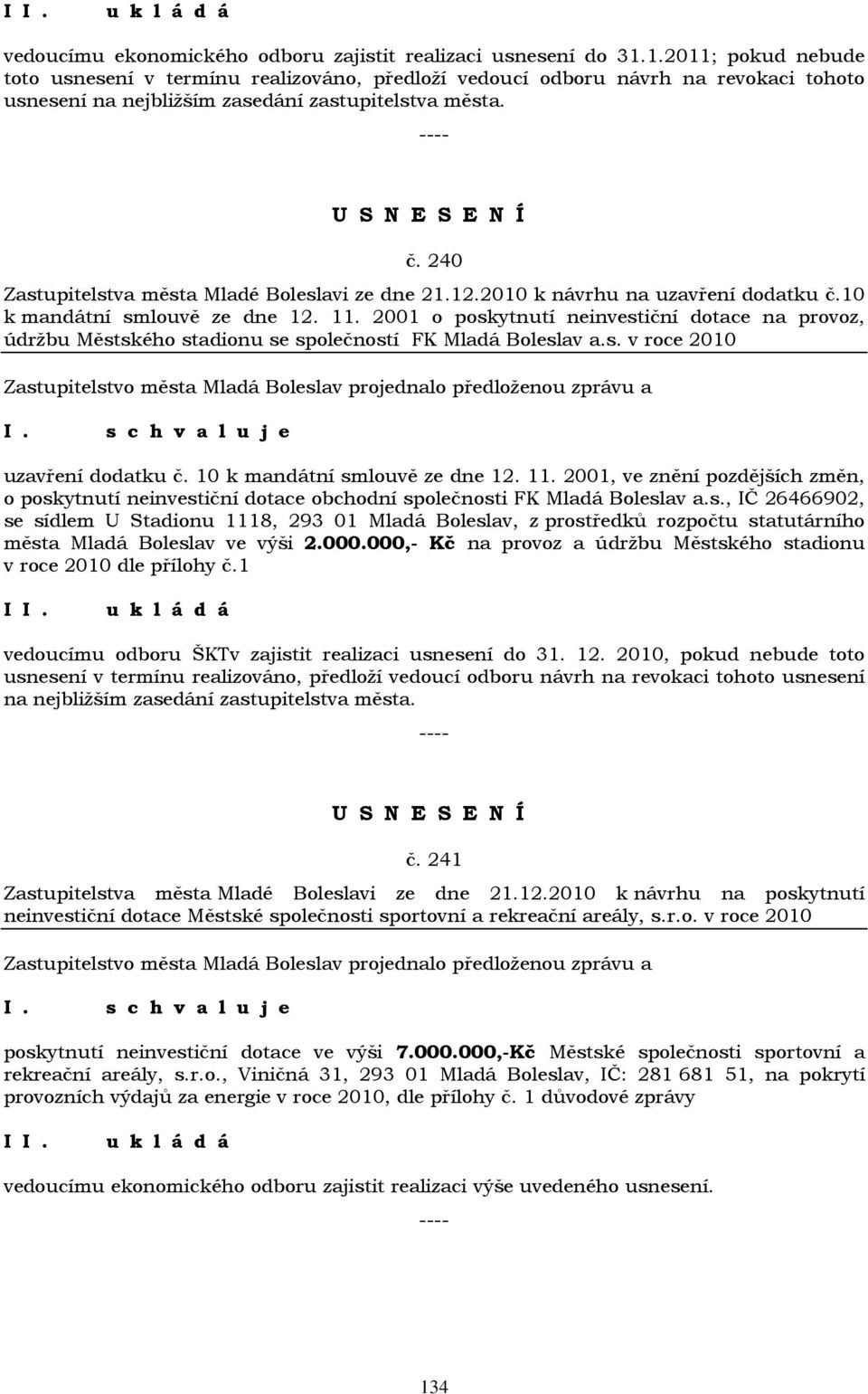 240 Zastupitelstva města Mladé Boleslavi ze dne 21.12.2010 k návrhu na uzavření dodatku č.10 k mandátní smlouvě ze dne 12. 11.