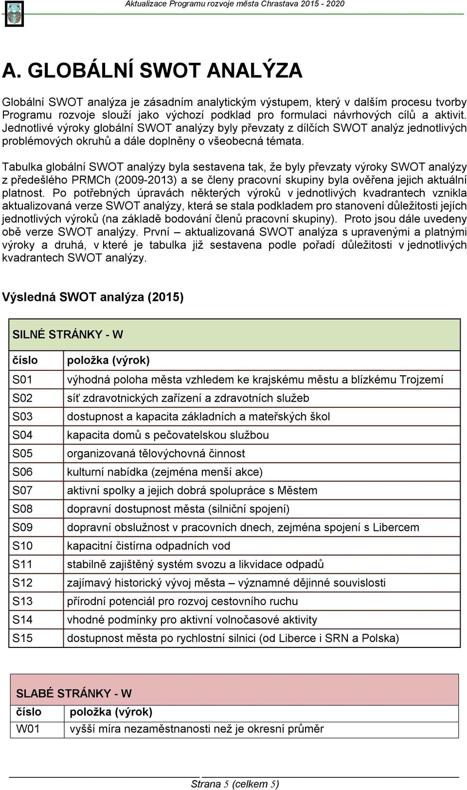 Tabulka globální SWOT analýzy byla sestavena tak, že byly převzaty výroky SWOT analýzy z předešlého PRMCh (2009-2013) a se členy pracovní skupiny byla ověřena jejich aktuální platnost.