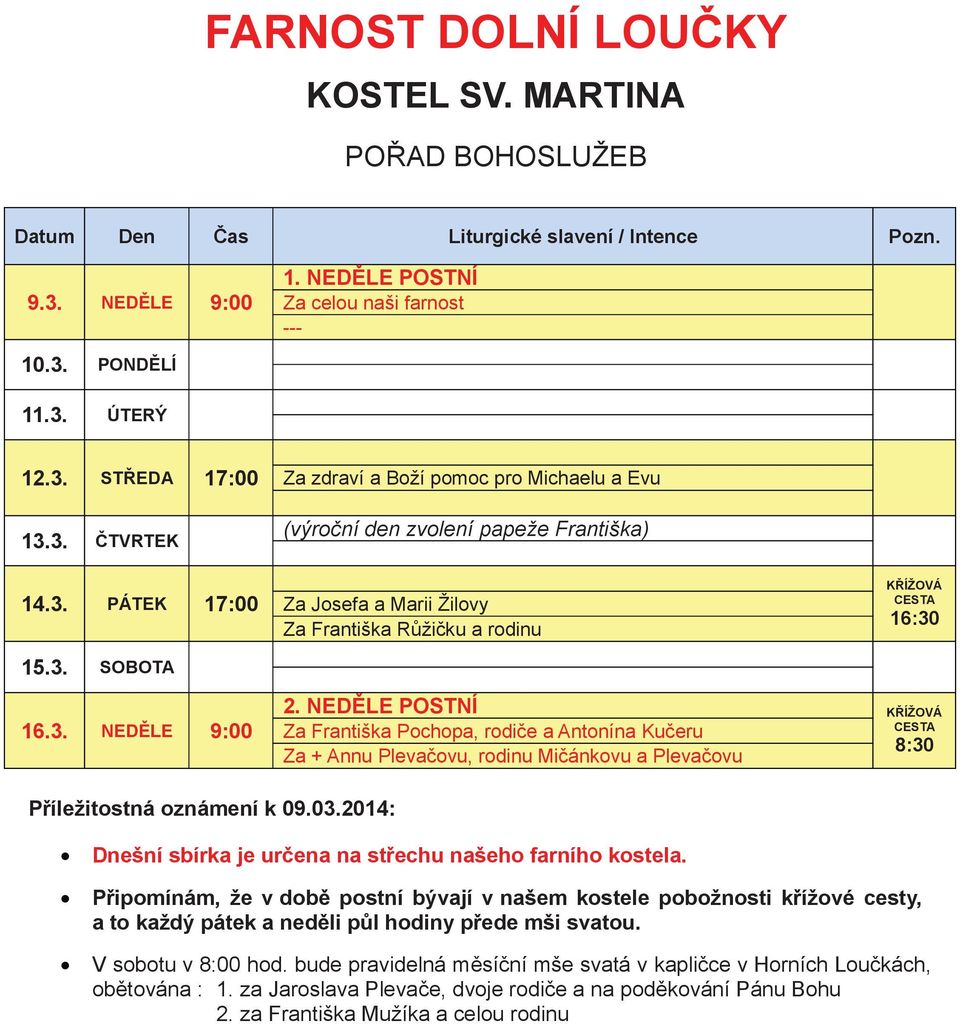 NEDLE POSTNÍ KÍŽOVÁ Za Františka Pochopa, rodie a Antonína Kueru Za + Annu Plevaovu, rodinu Miánkovu a Plevaovu Píležitostná oznámení k 09.03.