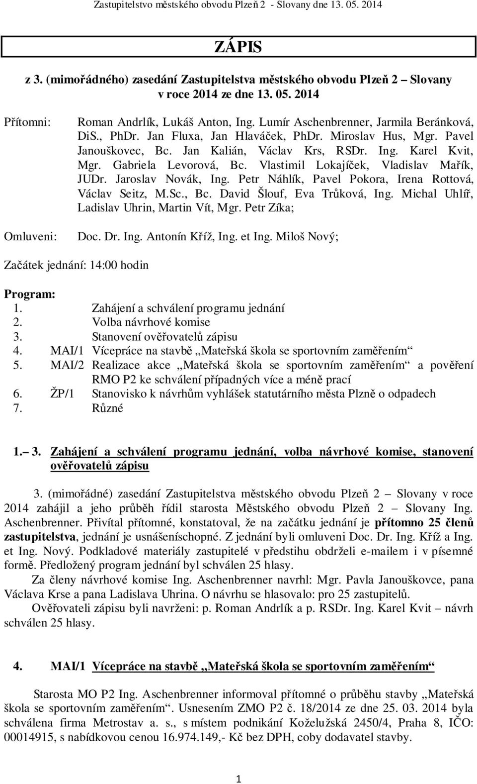 Vlastimil Lokajíček, Vladislav Mařík, JUDr. Jaroslav Novák, Ing. Petr Náhlík, Pavel Pokora, Irena Rottová, Václav Seitz, M.Sc., Bc. David Šlouf, Eva Trůková, Ing.