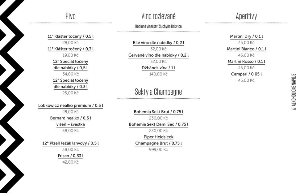 42,00 Kč Bílé víno dle nabídky / 0,2 l 32,00 Kč Červené víno dle nabídky / 0,2 l 32,00 Kč Džbánek vína / 1 l 1 Sekty a Champagne Bohemia Sekt Brut / 0,75 l 230,00 Kč Bohemia Sekt