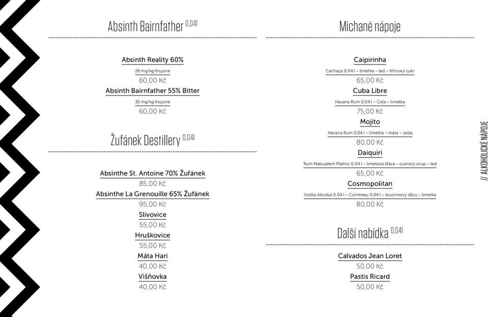 Antoine 70% Žufánek 85,00 Kč Absinthe La Grenouille 65% Žufánek 95,00 Kč Slivovice Hruškovice Máta Hari Višňovka Havana Rum 0,04 l ~ Cola ~ limetka 75,00 Kč Mojito Havana Rum