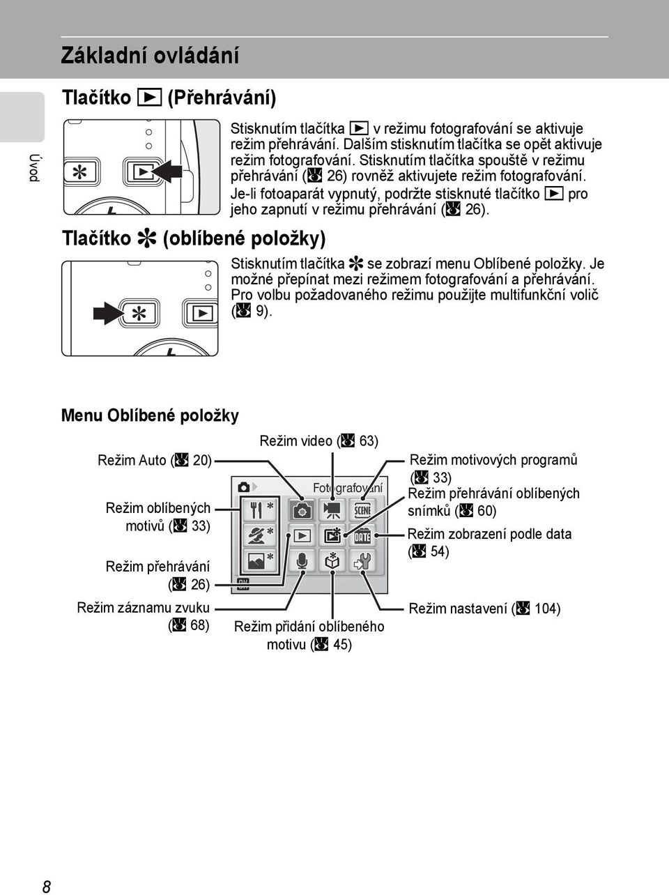 Tlačítko r (oblíbené položky) Stisknutím tlačítka r se zobrazí menu Oblíbené položky. Je možné přepínat mezi režimem fotografování a přehrávání.