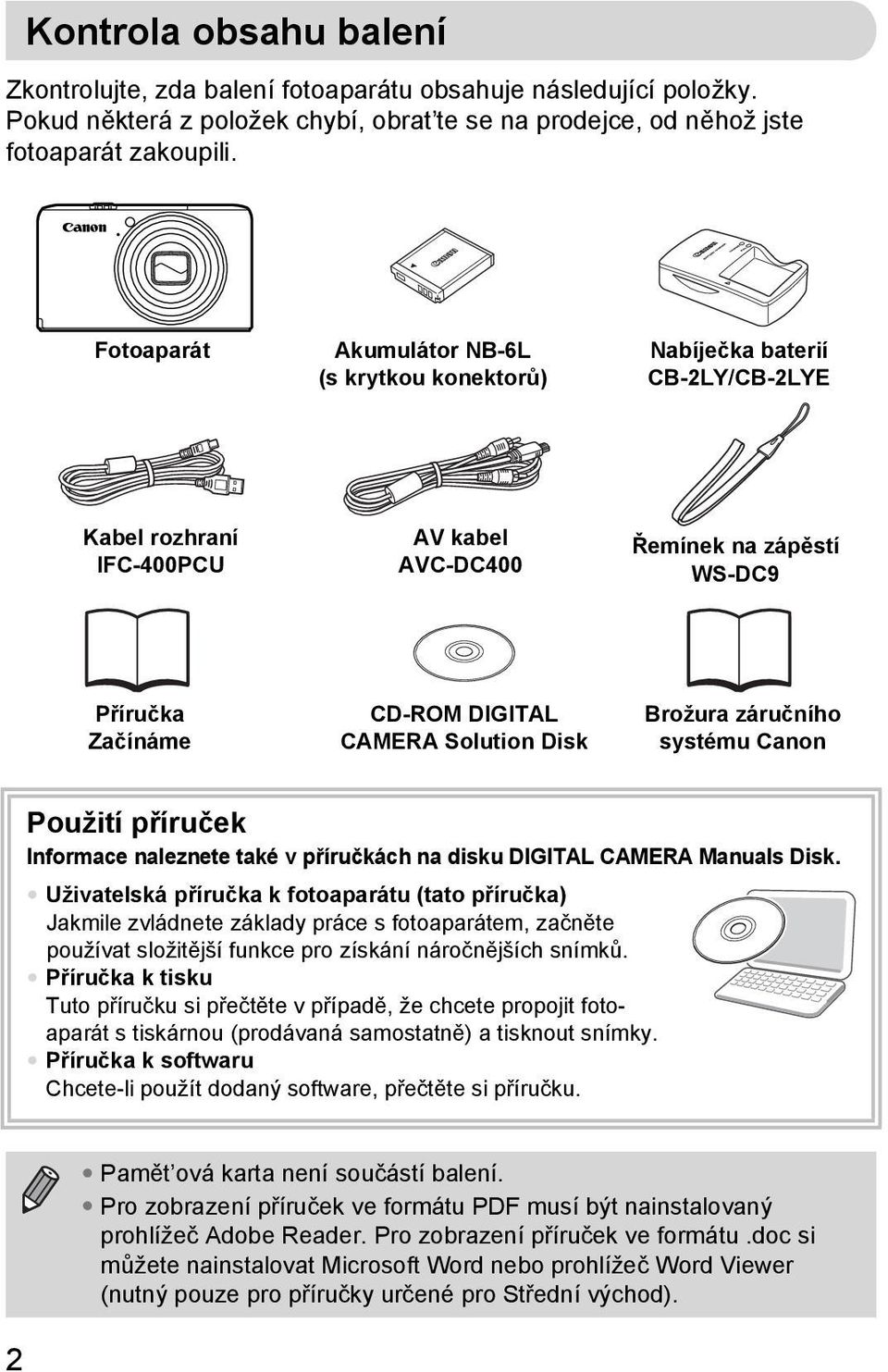 Solution Disk Brožura záručního systému Canon Použití příruček Informace naleznete také v příručkách na disku DIGITAL CAMERA Manuals Disk.