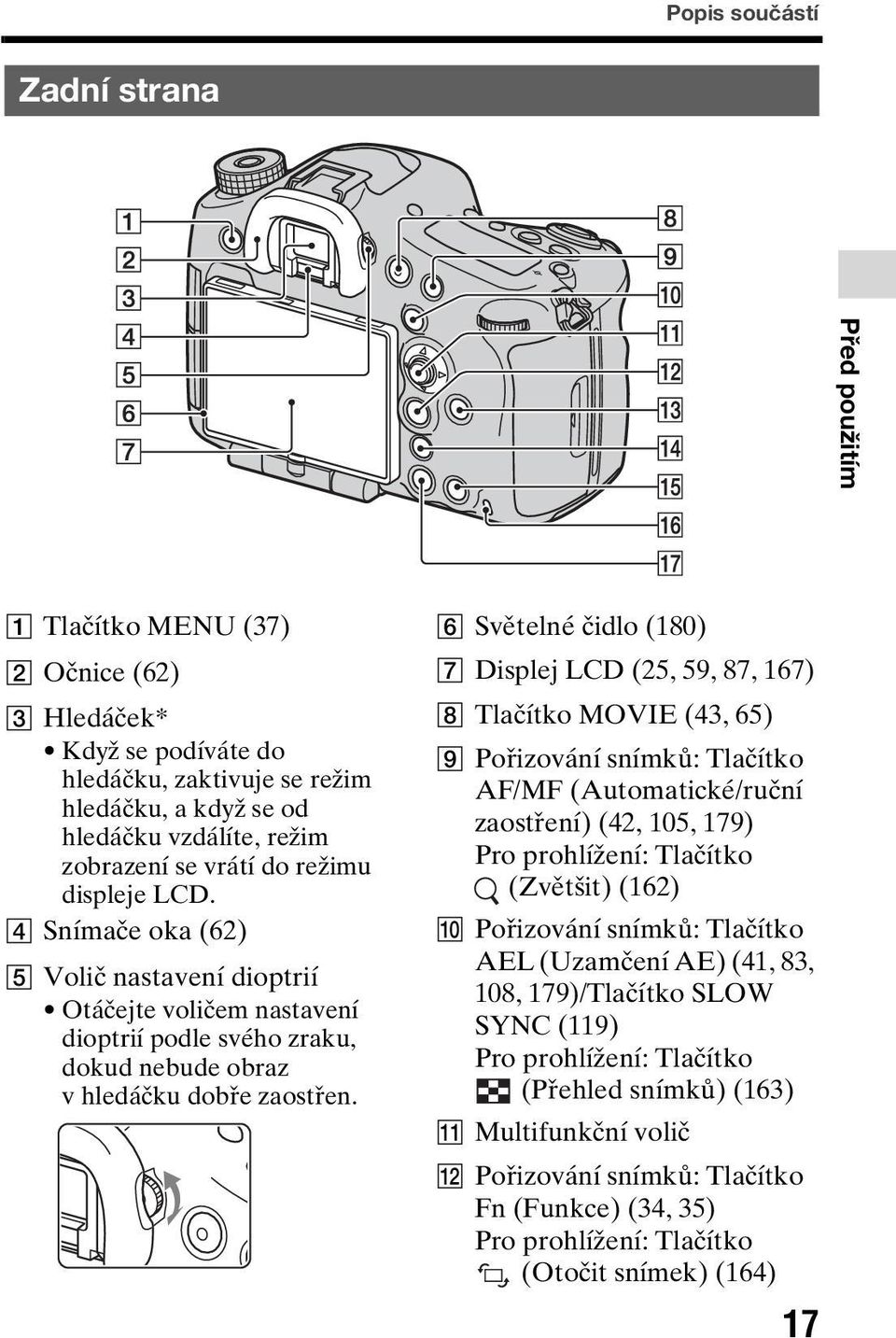 F Světelné čidlo (180) G Displej LCD (25, 59, 87, 167) H Tlačítko MOVIE (43, 65) I Pořizování snímků: Tlačítko AF/MF (Automatické/ruční zaostření) (42, 105, 179) Pro prohlížení: Tlačítko (Zvětšit)