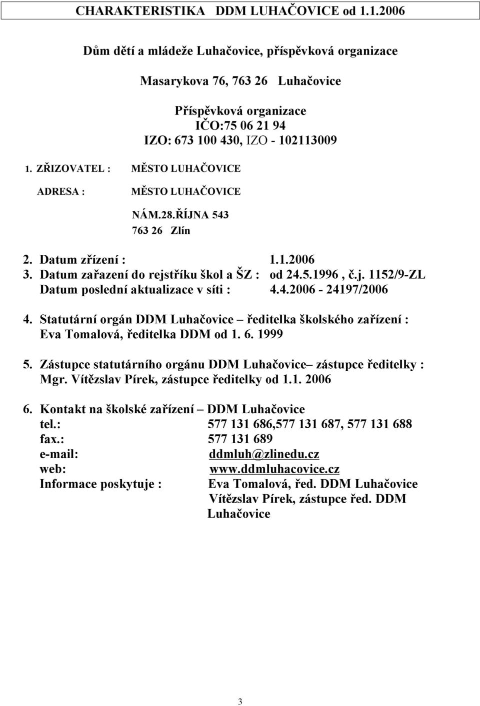 ZŘIZOVATEL : MĚSTO LUHAČOVICE ADRESA : MĚSTO LUHAČOVICE NÁM.28.ŘÍJNA 543 763 26 Zlín 2. Datum zřízení : 1.1.2006 3. Datum zařazení do rejstříku škol a ŠZ : od 24.5.1996, č.j. 1152/9-ZL Datum poslední aktualizace v síti : 4.