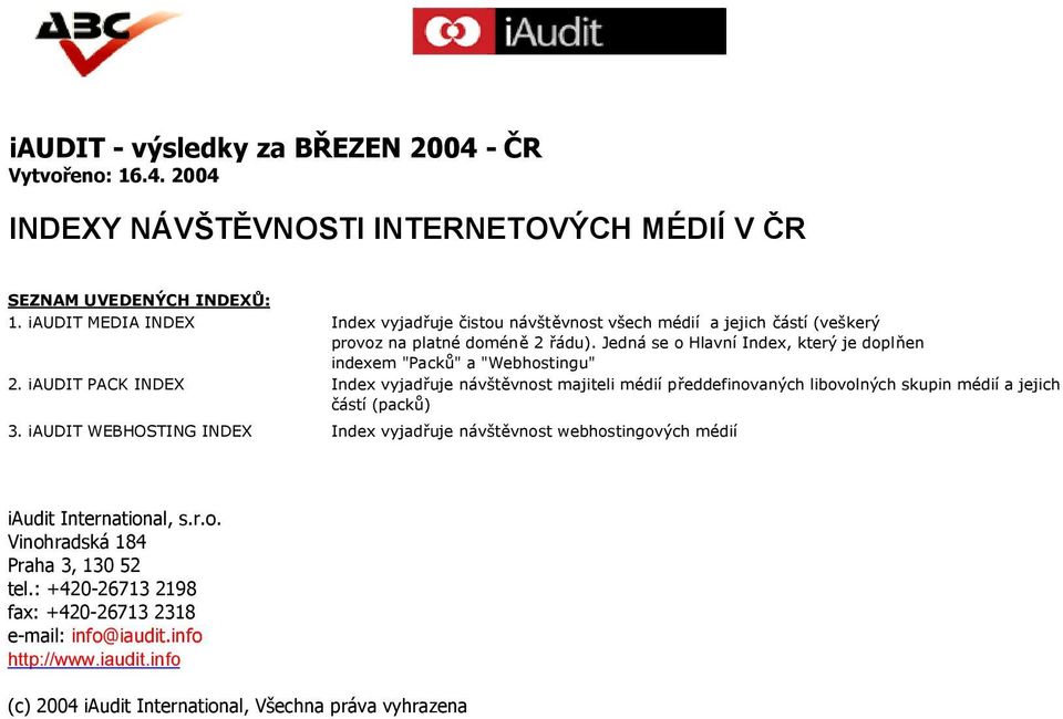 Jedná se o Hlavní Index, který je doplňen indexem "Packů" a "Webhostingu" Index vyjadřuje návštěvnost majiteli médií předdefinovaných libovolných skupin médií a jejich částí (packů)