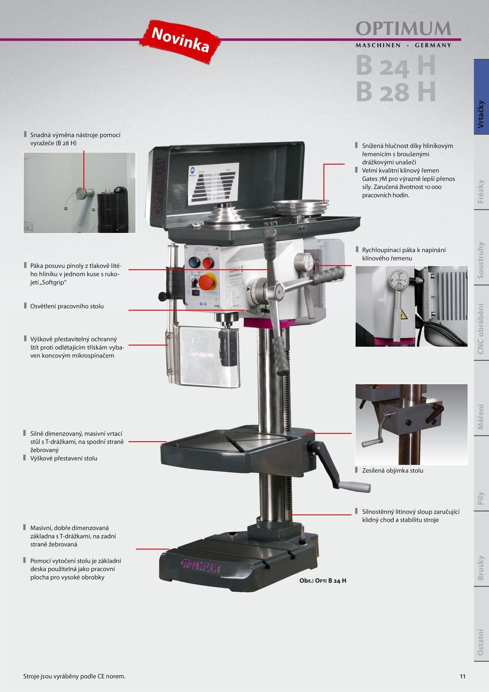 Vrtačky Frézky Páka posuvu pinoly z tlakově litého hliníku v jednom kuse s rukojetí Softgrip Rychloupínací páka k napínání klínového řemenu Soustruhy Osvětlení pracovního stolu Výškově přestavitelný