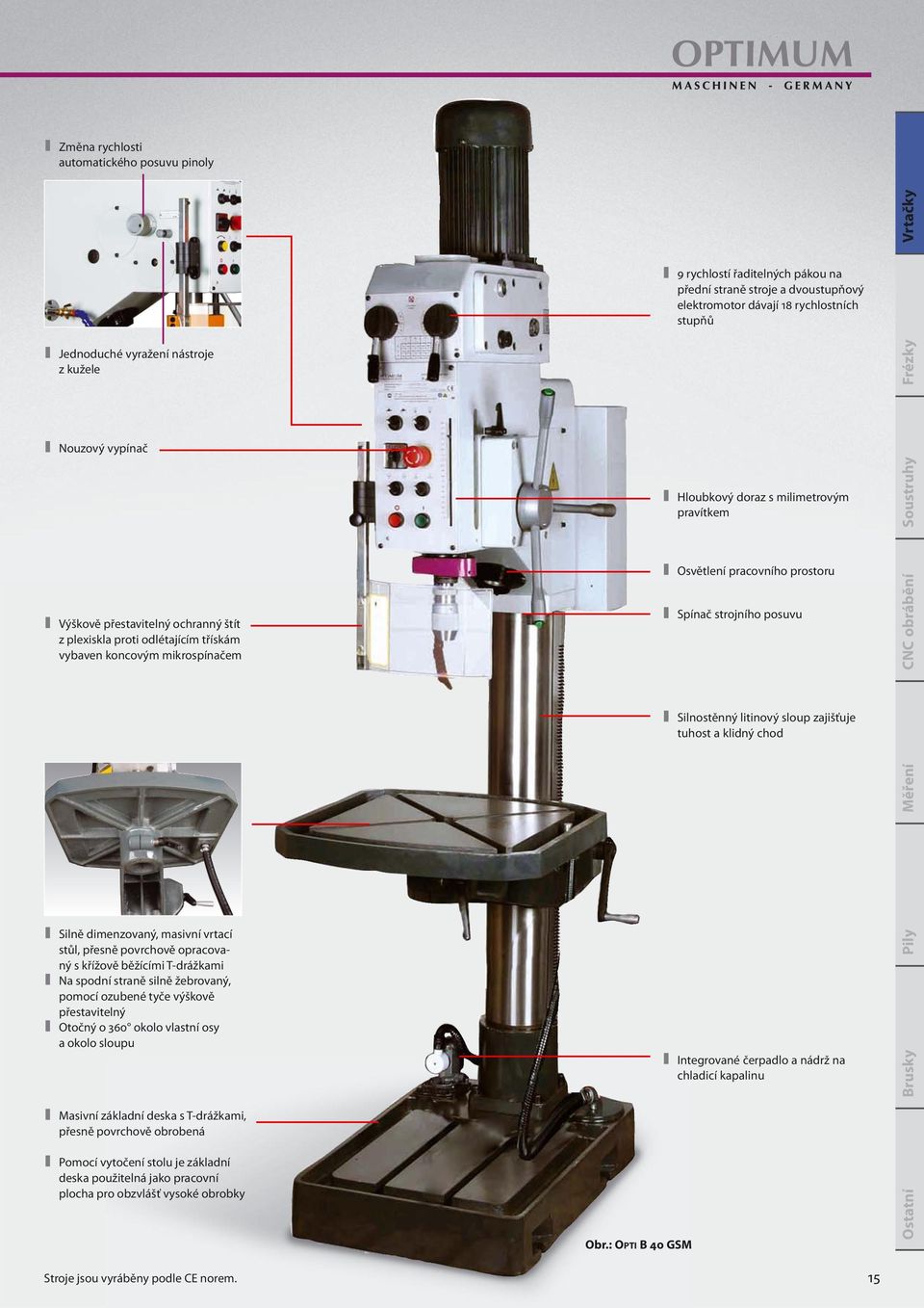 pracovního prostoru Spínač strojního posuvu CNC obrábění Silnostěnný litinový sloup zajišťuje tuhost a klidný chod Měření Silně dimenzovaný, masivní vrtací stůl, přesně povrchově opracovaný s křížově