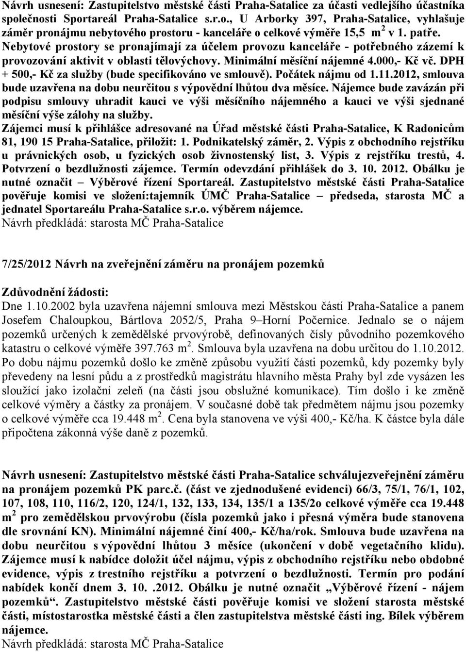 DPH + 500,- Kč za služby (bude specifikováno ve smlouvě). Počátek nájmu od 1.11.2012, smlouva bude uzavřena na dobu neurčitou s výpovědní lhůtou dva měsíce.