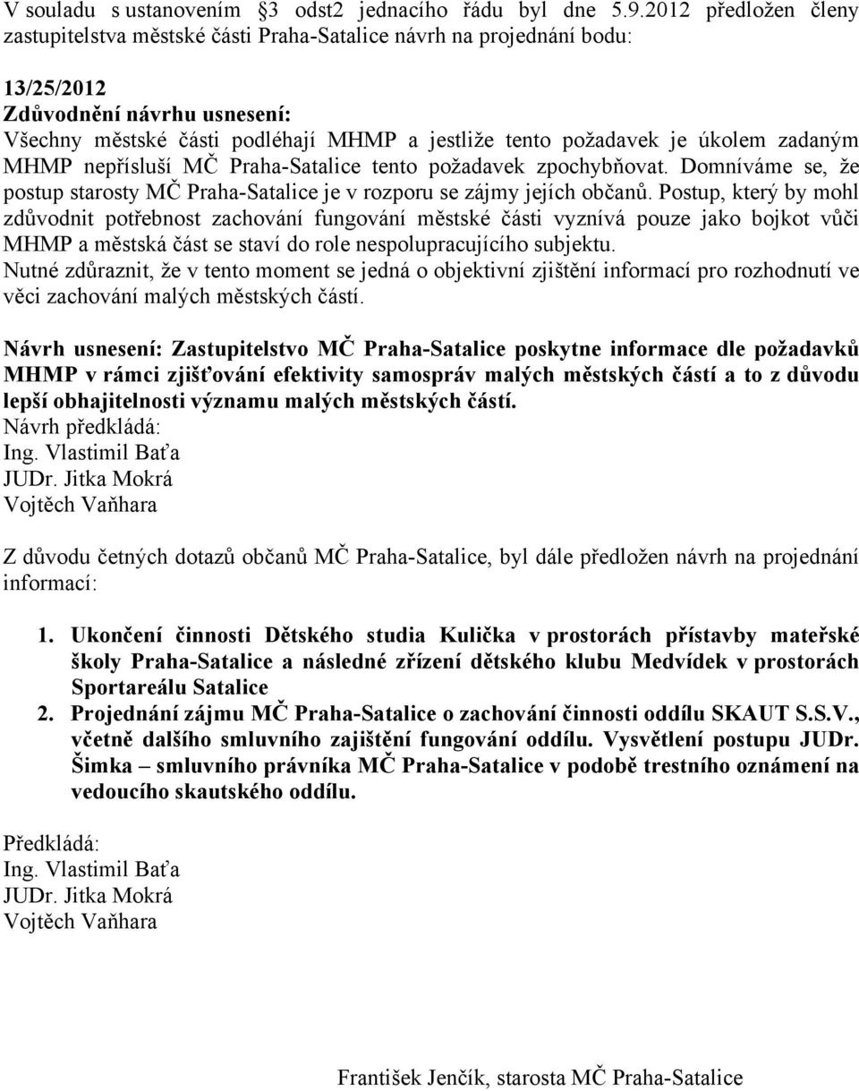 MČ Praha-Satalice tento požadavek zpochybňovat. Domníváme se, že postup starosty MČ Praha-Satalice je v rozporu se zájmy jejích občanů.