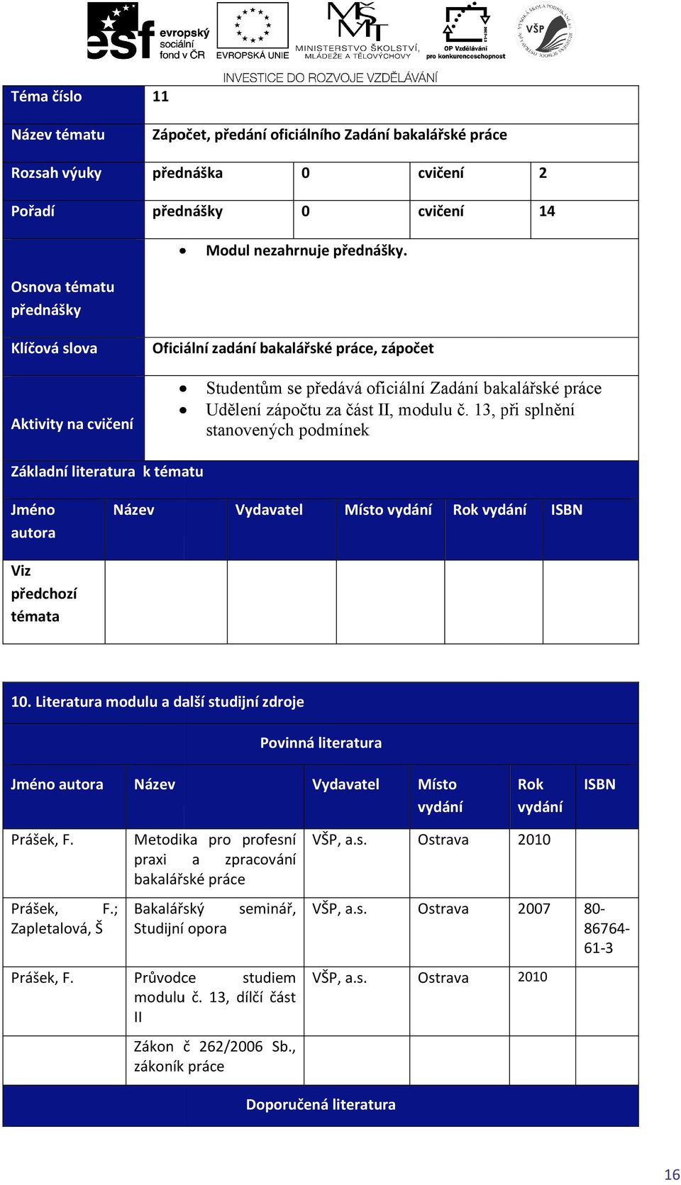 13, při splnění stvených podmík Místo vydání Rok vydání ISBN Viz předchozí témt 10.