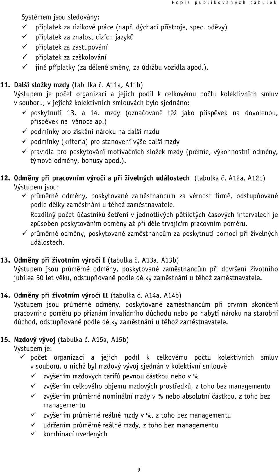 A11a, A11b) Výstupem je počet organizací a jejich podíl k celkovému počtu kolektivních smluv v souboru, v jejichž kolektivních smlouvách bylo sjednáno: poskytnutí 13. a 14.