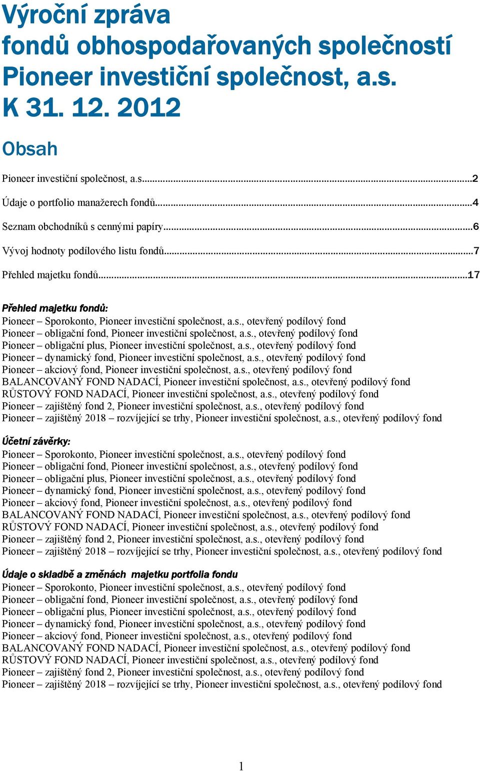 s., otevřený podílový fond Pioneer obligační plus, Pioneer investiční společnost, a.s., otevřený podílový fond Pioneer dynamický fond, Pioneer investiční společnost, a.s., otevřený podílový fond Pioneer akciový fond, Pioneer investiční společnost, a.