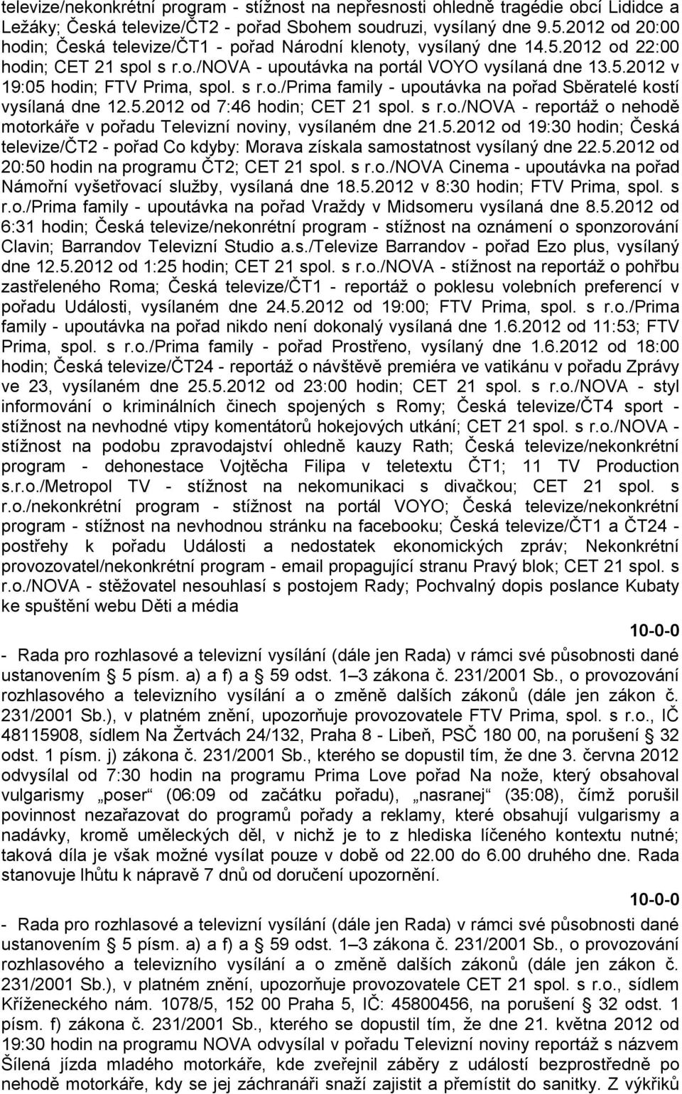 s r.o./prima family - upoutávka na pořad Sběratelé kostí vysílaná dne 12.5.2012 od 7:46 hodin; CET 21 spol. s r.o./nova - reportáţ o nehodě motorkáře v pořadu Televizní noviny, vysílaném dne 21.5.2012 od 19:30 hodin; Česká televize/čt2 - pořad Co kdyby: Morava získala samostatnost vysílaný dne 22.