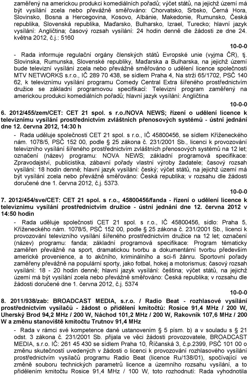 ze dne 24. května 2012, č.j.: 5160 - Rada informuje regulační orgány členských států Evropské unie (vyjma ČR), tj.