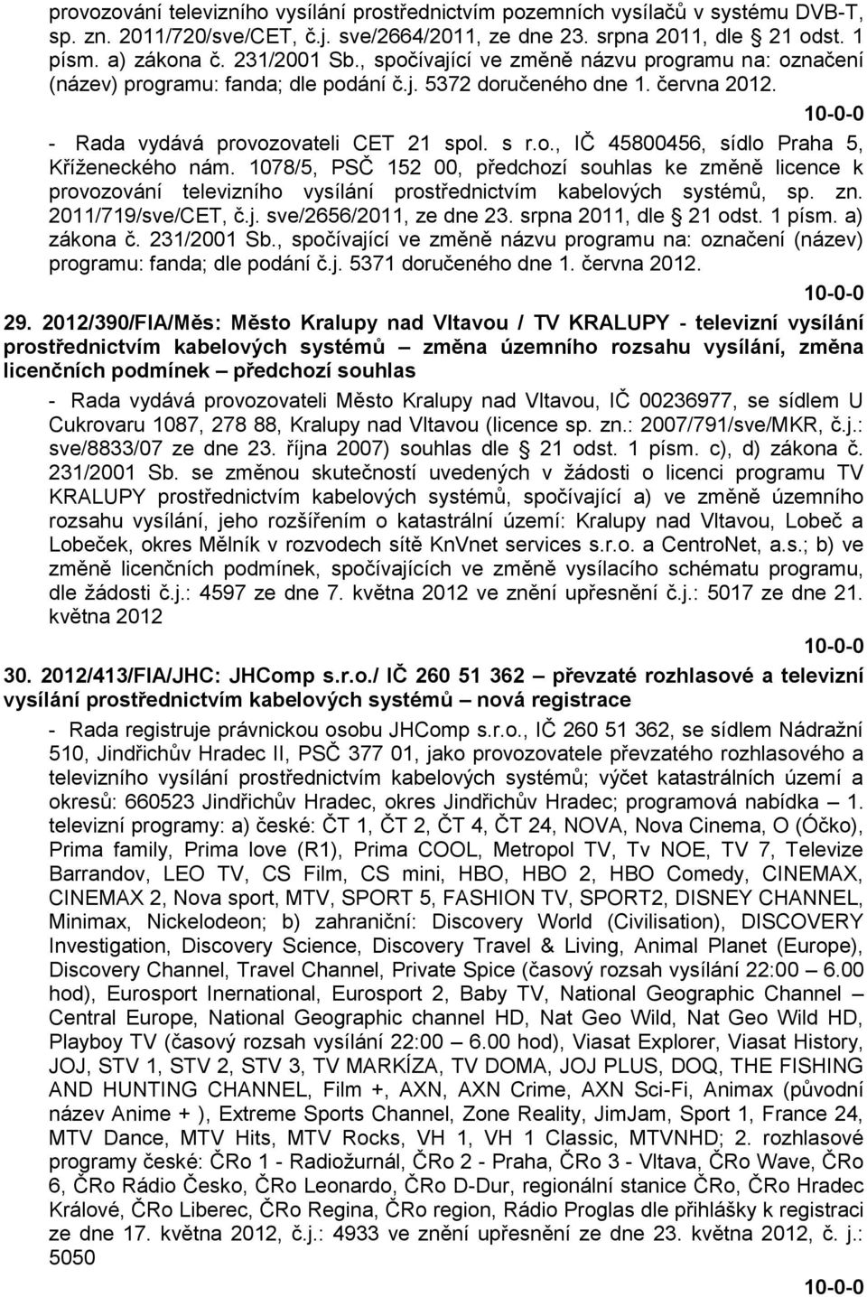 1078/5, PSČ 152 00, předchozí souhlas ke změně licence k provozování televizního vysílání prostřednictvím kabelových systémů, sp. zn. 2011/719/sve/CET, č.j. sve/2656/2011, ze dne 23.