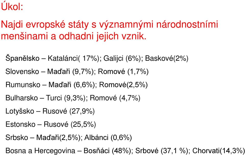 Maďaři (6,6%); Romové(2,5%) Bulharsko Turci (9,3%); Romové (4,7%) Lotyšsko Rusové (27,9%) Estonsko