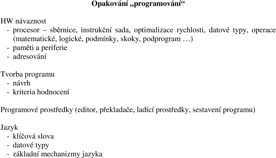 adresování Tvorba programu - návrh - kriteria hodnocení Programové prostředky (editor, překladače,