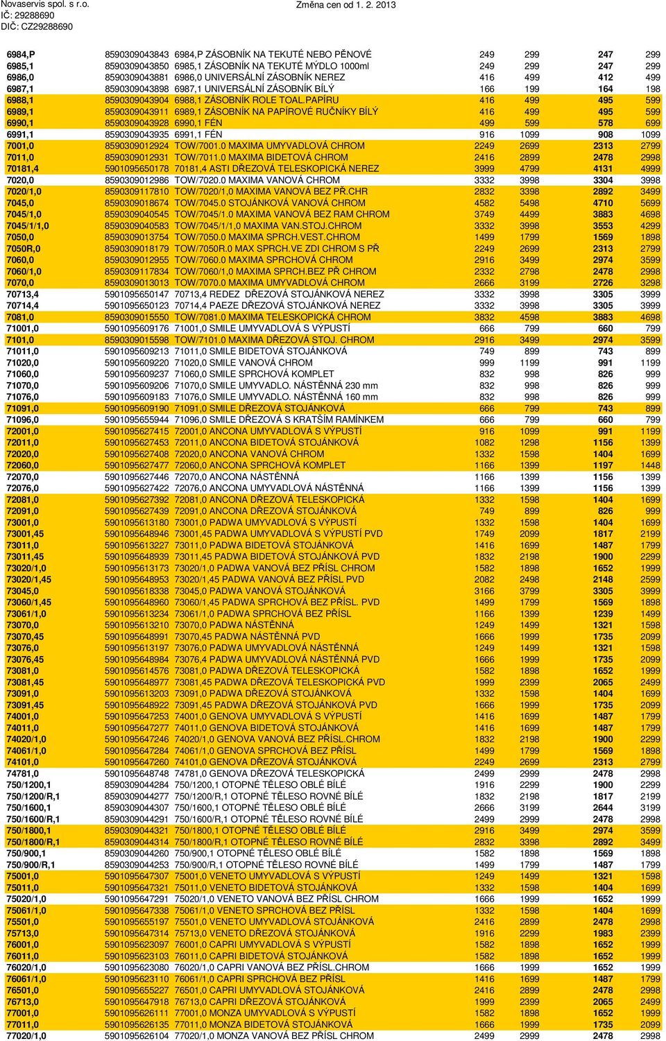 PAPÍRU 416 499 495 599 6989,1 8590309043911 6989,1 ZÁSOBNÍK NA PAPÍROVÉ RUČNÍKY BÍLÝ 416 499 495 599 6990,1 8590309043928 6990,1 FÉN 499 599 578 699 6991,1 8590309043935 6991,1 FÉN 916 1099 908 1099