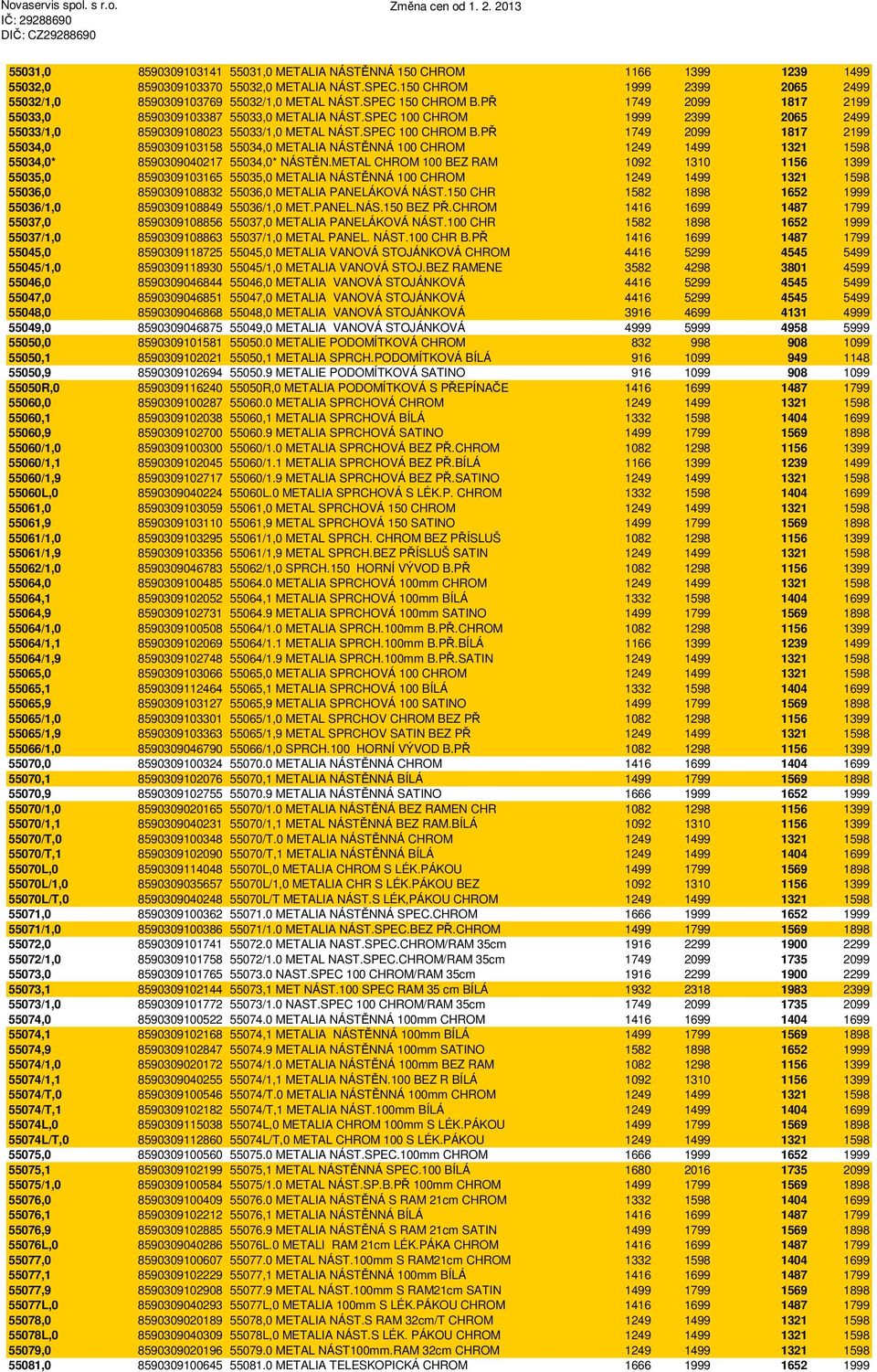 PŘ 1749 2099 1817 2199 55034,0 8590309103158 55034,0 METALIA NÁSTĚNNÁ 100 CHROM 1249 1499 1321 1598 55034,0* 8590309040217 55034,0* NÁSTĚN.