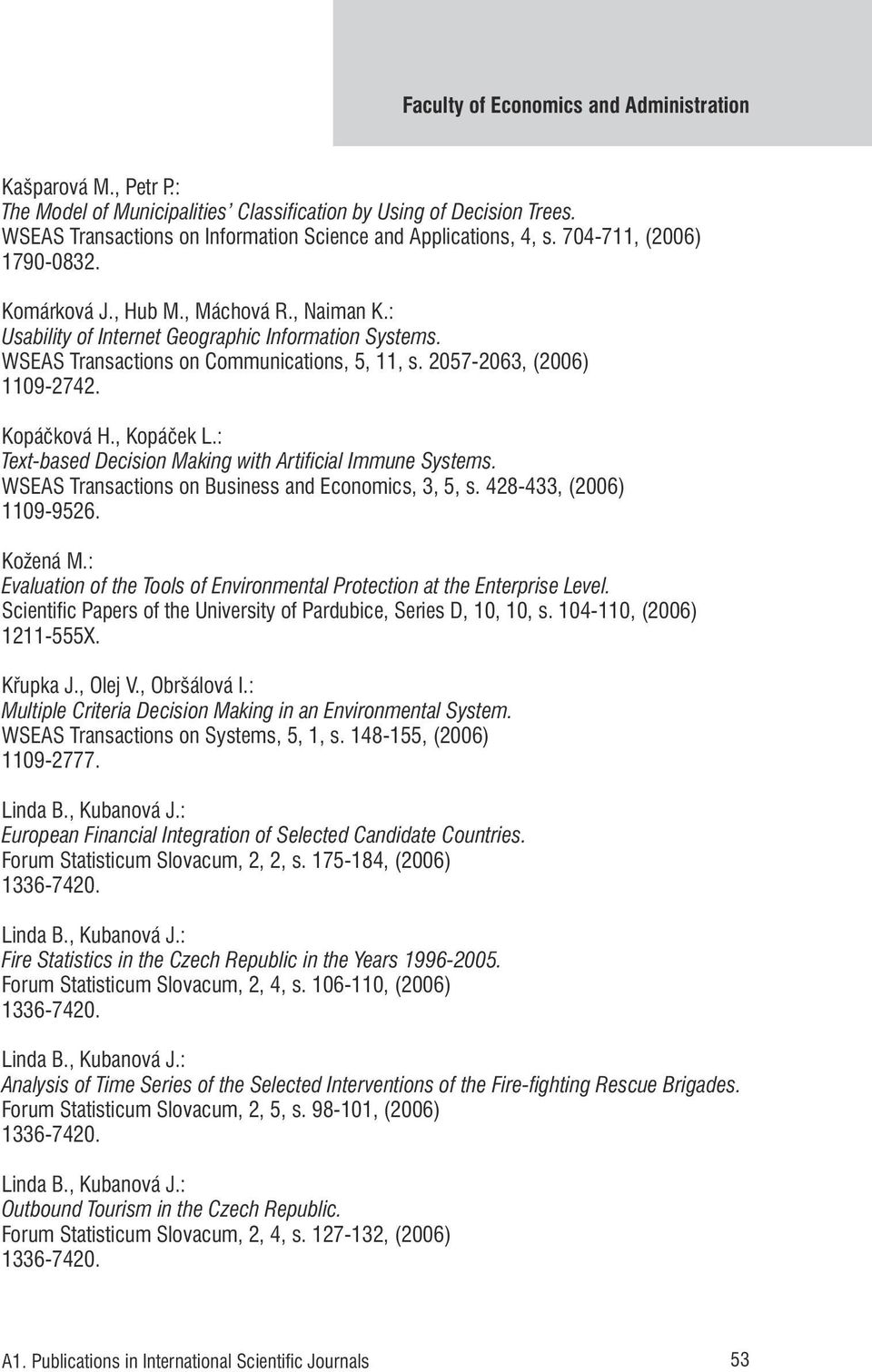 2057-2063, (2006) 1109-2742. Kopáčková H., Kopáček L.: Text-based Decision Making with Artificial Immune Systems. WSEAS Transactions on Business and Economics, 3, 5, s. 428-433, (2006) 1109-9526.