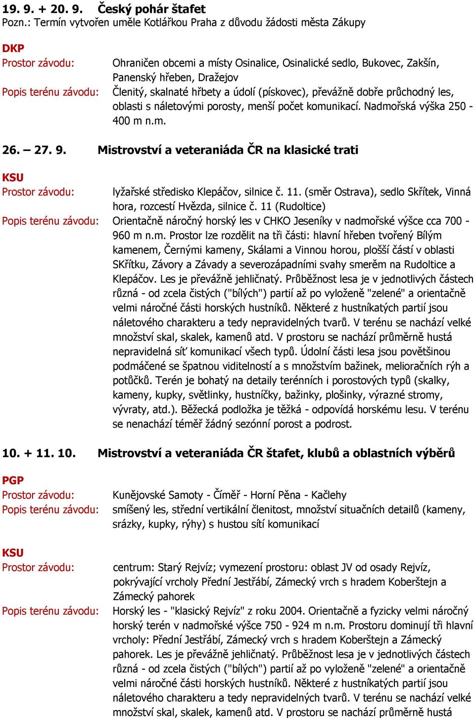 údolí (pískovec), převážně dobře průchodný les, oblasti s náletovými porosty, menší počet komunikací. Nadmořská výška 250-400 m n.m. 26. 27. 9.