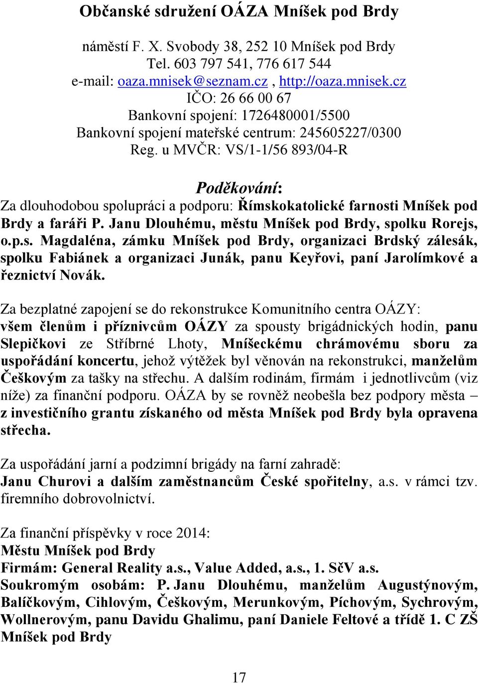 u MVČR: VS/1-1/56 893/04-R Poděkování: Za dlouhodobou sp