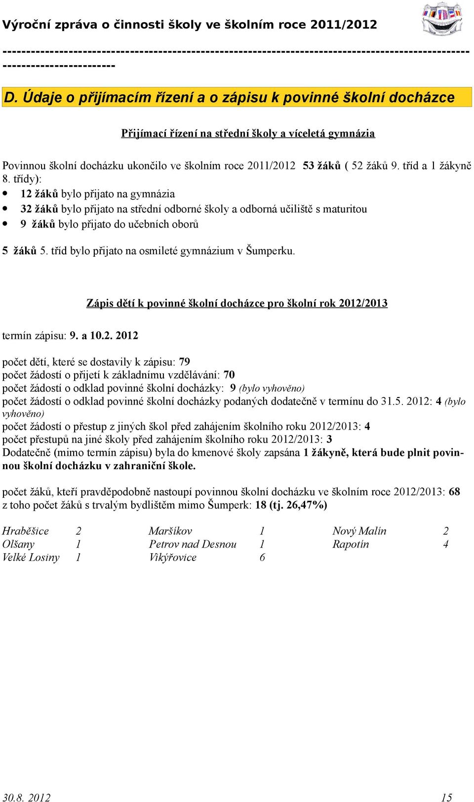 tříd bylo přijato na osmileté gymnázium v Šumperku. Zápis dětí k povinné školní docházce pro školní rok 20